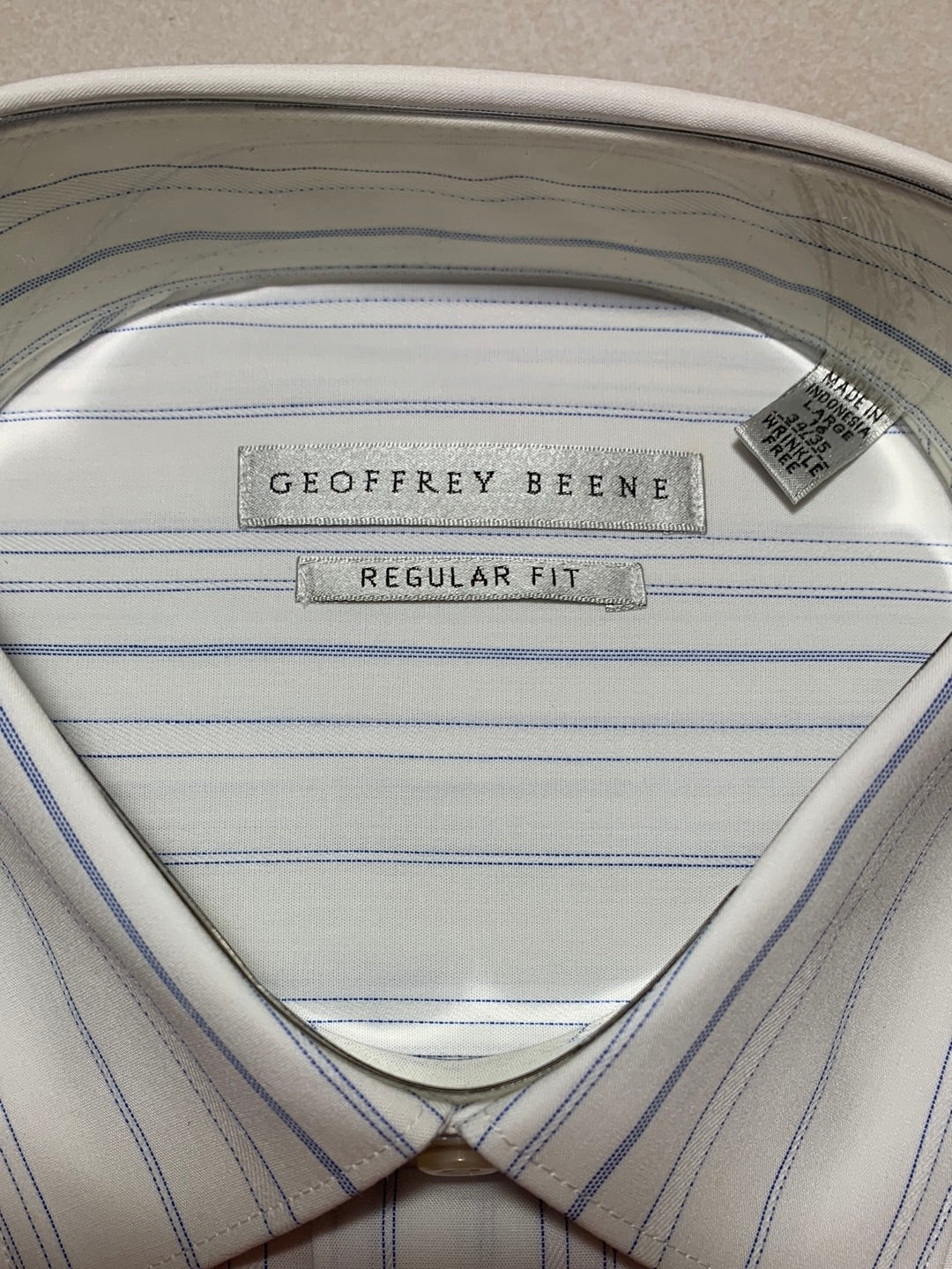 NEW - GEOFFREY BEENE white blue stripe Wrinkle Free Regular Fit Shirt - 16 34-35 Large