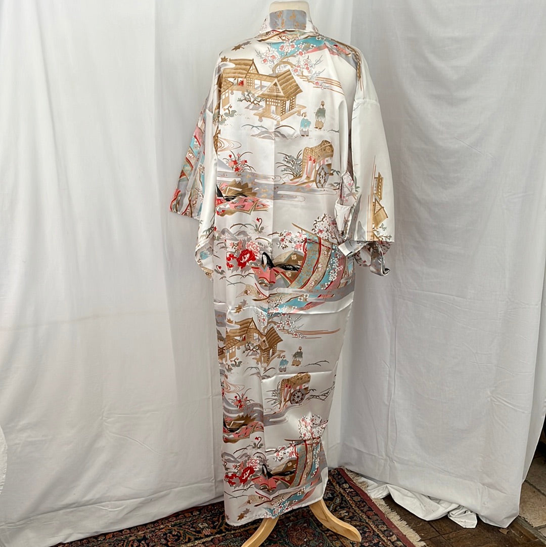 VTG/NIP -- Ichicban White Kimono w/ Cherry Blossom and Garden Scenes -- One Size