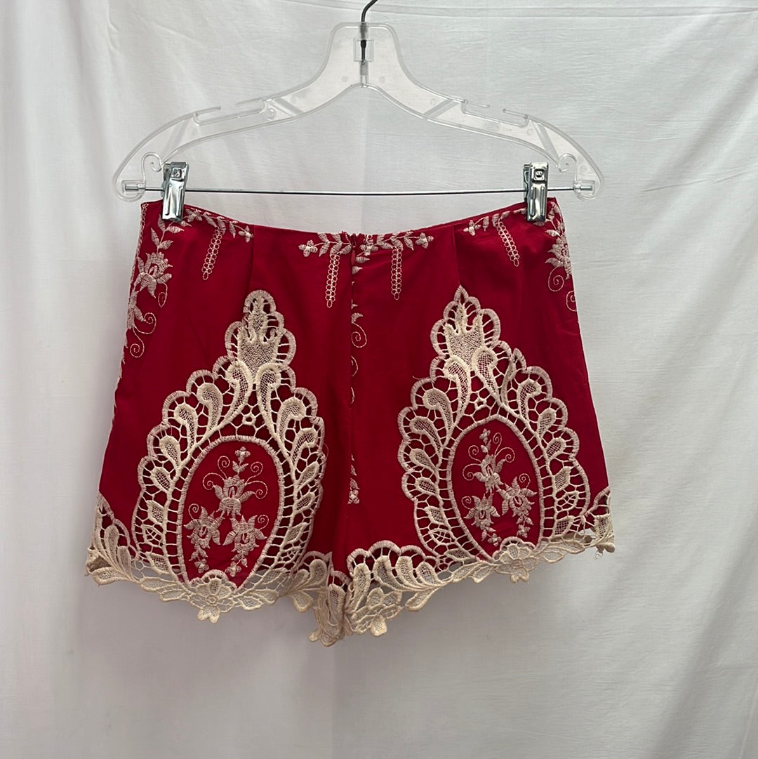Ark & Co. Red Shorts with Ivory Lace Embroidery -- Size S