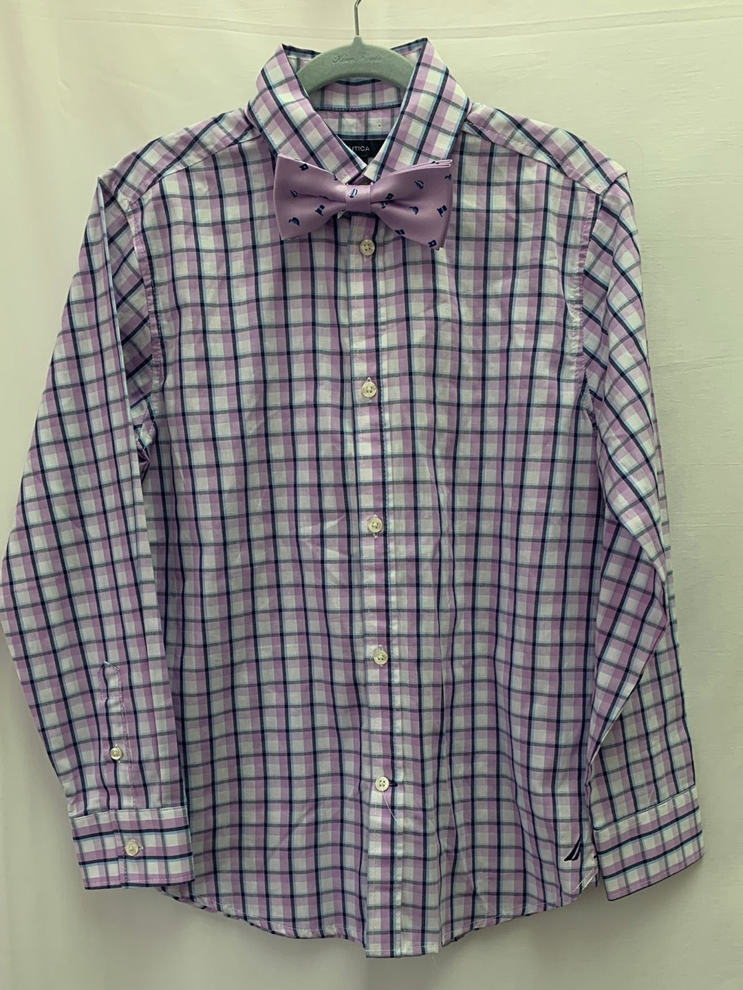 NWT - NAUTICA purple plaid Dress Shirt with Bowtie - Youth 10