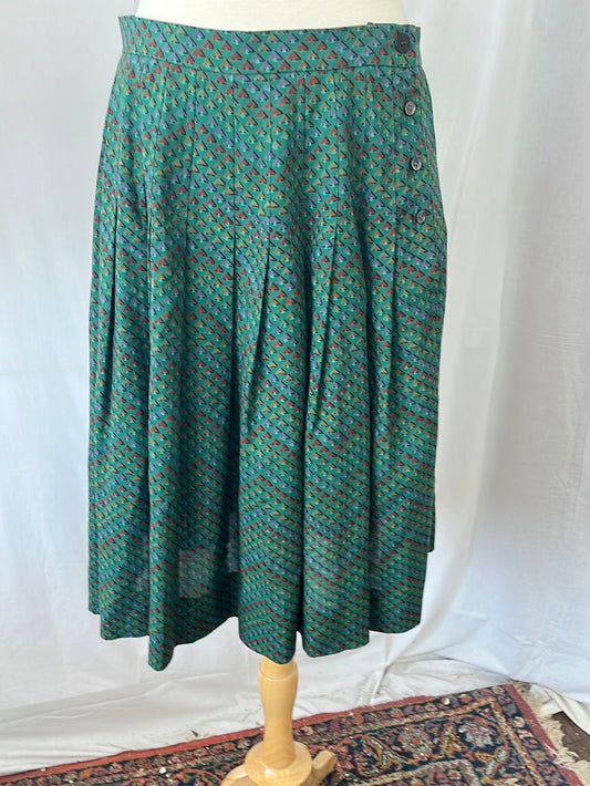 VTG -- JAEGER green multi print Wool Pleated Midi Skirt -- 12