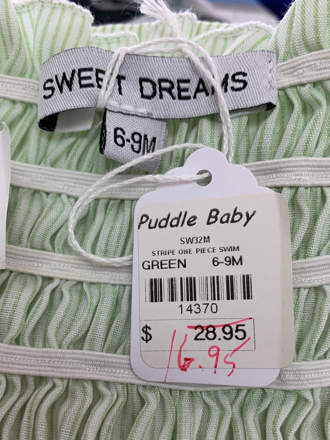 NWT - SWEET DREAMS green stripe Ruched Ruffle Infant Swimsuit - 6-9M