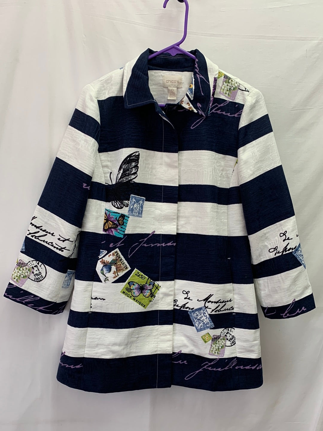 NWT - CHICO'S navy stripe Postcard Butterfly 3/4 Sleeve Jacket - 0 (S 4/6)