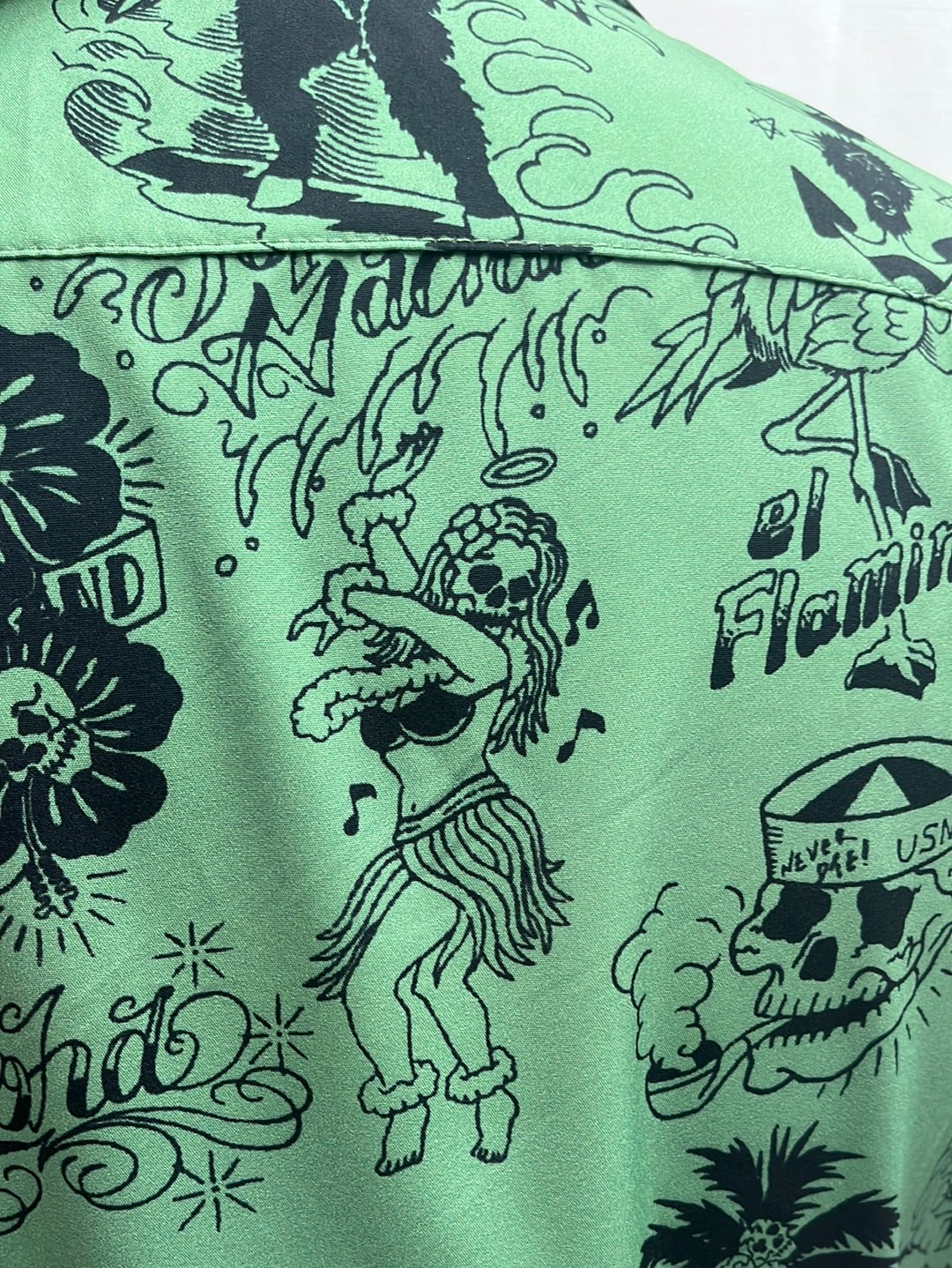 RARE -- RFAUSTNIY green print Death-themed Hawaiian Shirt -- M