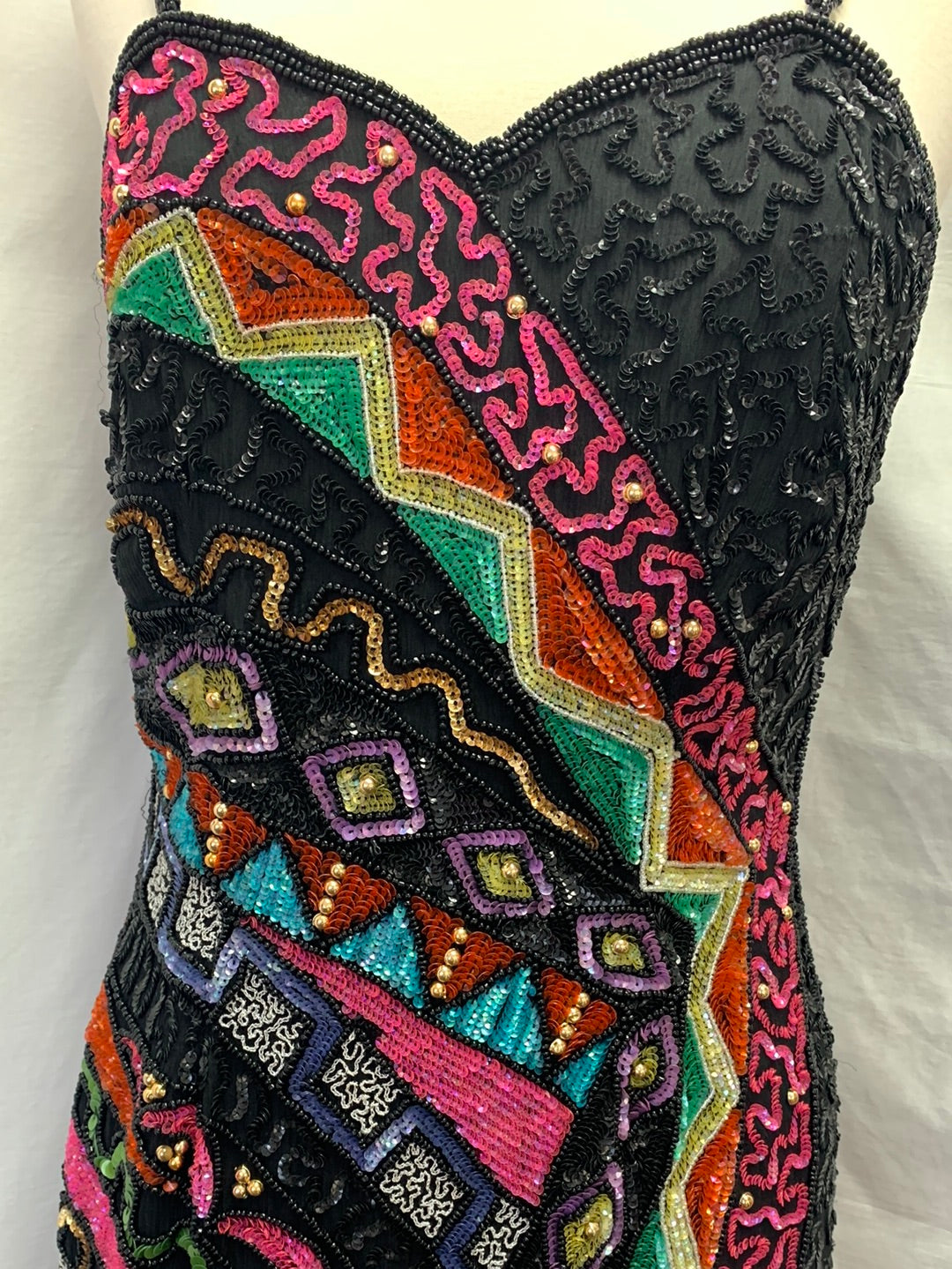 NWD - TOGETHER! black multi-color Sequin Bead 80s SILK Bodycon Dress - 8