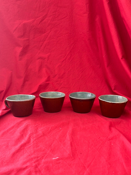 VTG - Set of 4 Brown/Turquoise "Country Fare" Cups by John B Taylor/Zanesville Pottery