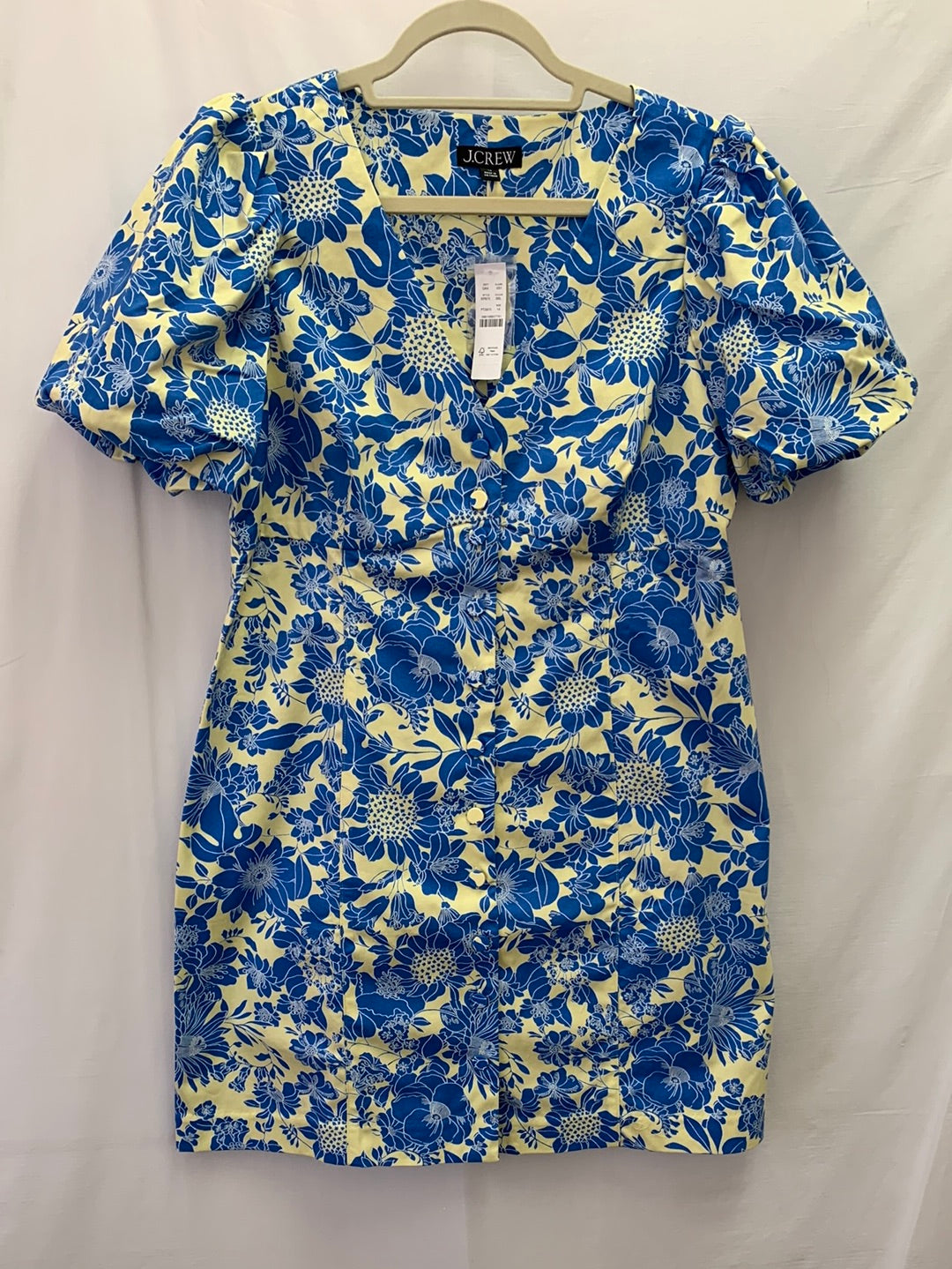 NWT - J CREW blue floral Twill Button-Front Puff-Sleeve Mini Dress - 14