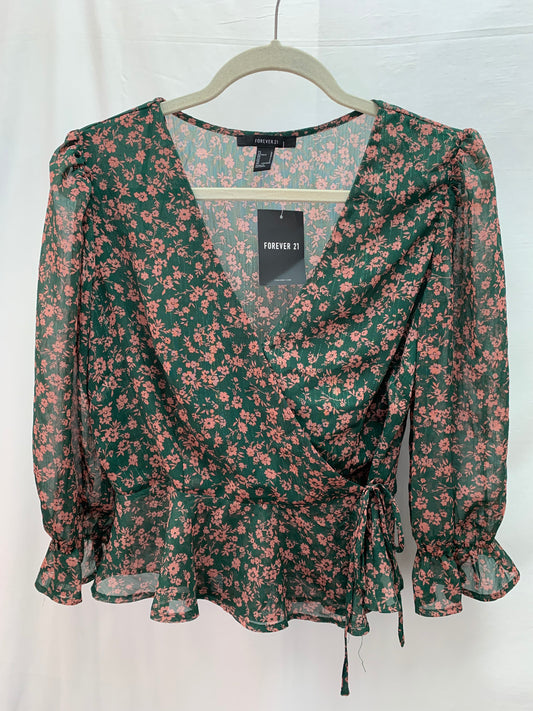 NWT - FOREVER 21 green pink floral Ruffle Boho Wrap Shirt - L