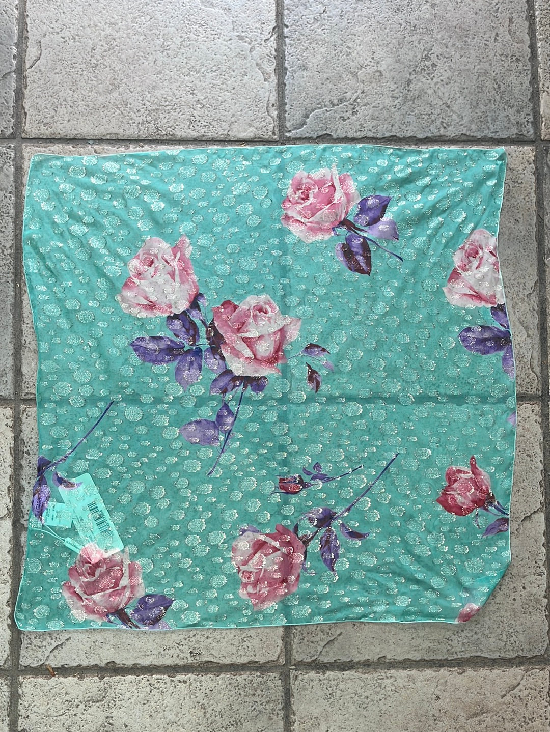 NWT -- Dolce & Gabbana Turquoise Silk Square Scarf with Floral Design