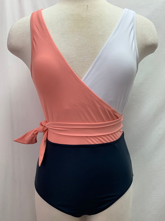 NWT - CUPSHE pink white navy V-Neck One Piece Swimsuit - L