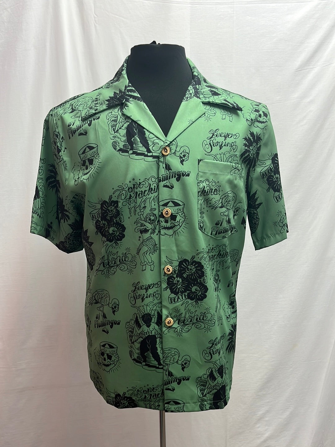 RARE -- RFAUSTNIY green print Death-themed Hawaiian Shirt -- M