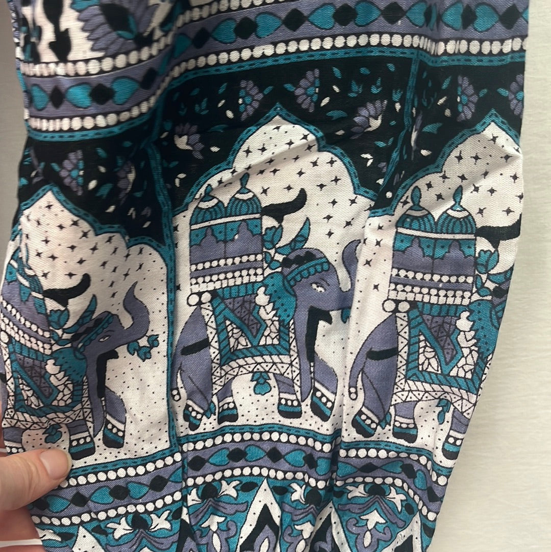 Blue and Gray Arabesque Elephant Print Harem Pants -- L