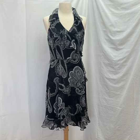 White House Black Market Black Paisley Halter Back Ruffle Dress -- 6