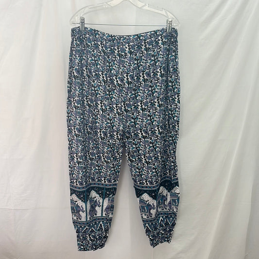 Blue and Gray Arabesque Elephant Print Harem Pants -- L