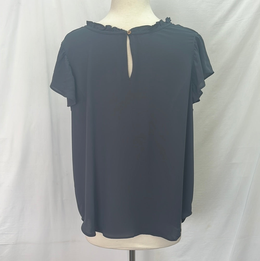 NWT -- Loft Dark Grey Ruffle Neck Cap Sleeve Blouse -- L