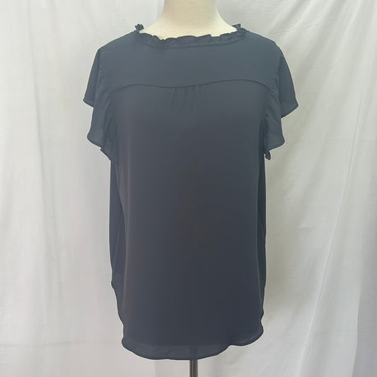 NWT -- Loft Dark Grey Ruffle Neck Cap Sleeve Blouse -- L