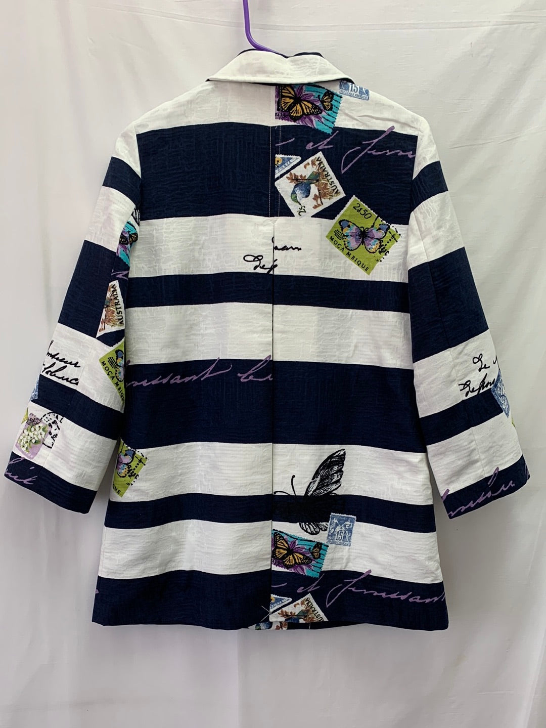 NWT - CHICO'S navy stripe Postcard Butterfly 3/4 Sleeve Jacket - 0 (S 4/6)
