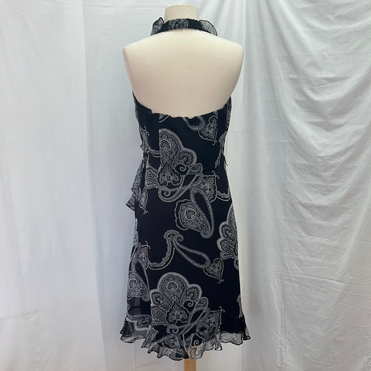 White House Black Market Black Paisley Halter Back Ruffle Dress -- 6