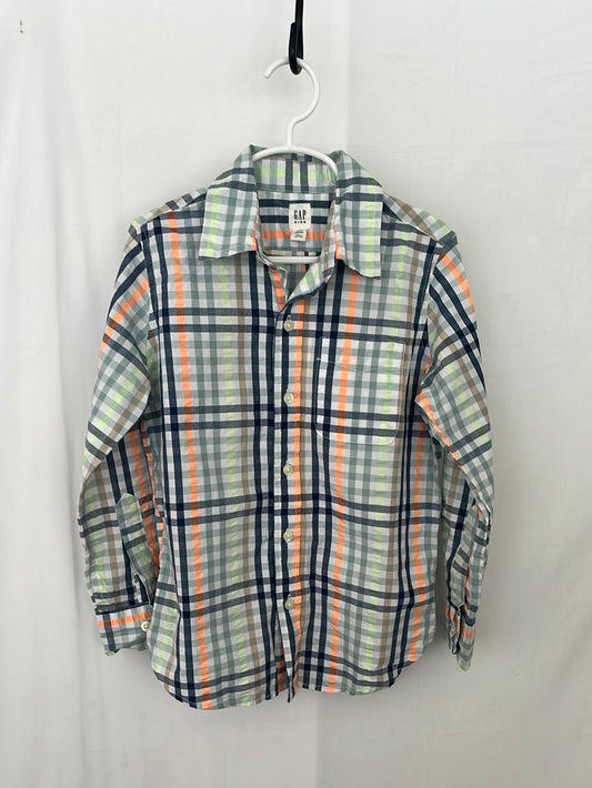 NWT -- GAP KIDS Blue, Green and Orange Plaid Long Sleeve Button Down Shirt -- Size 6-7