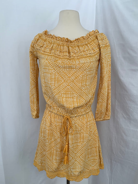 NWT - ROXY gold yellow print 3/4 Sleeve Dress - XS