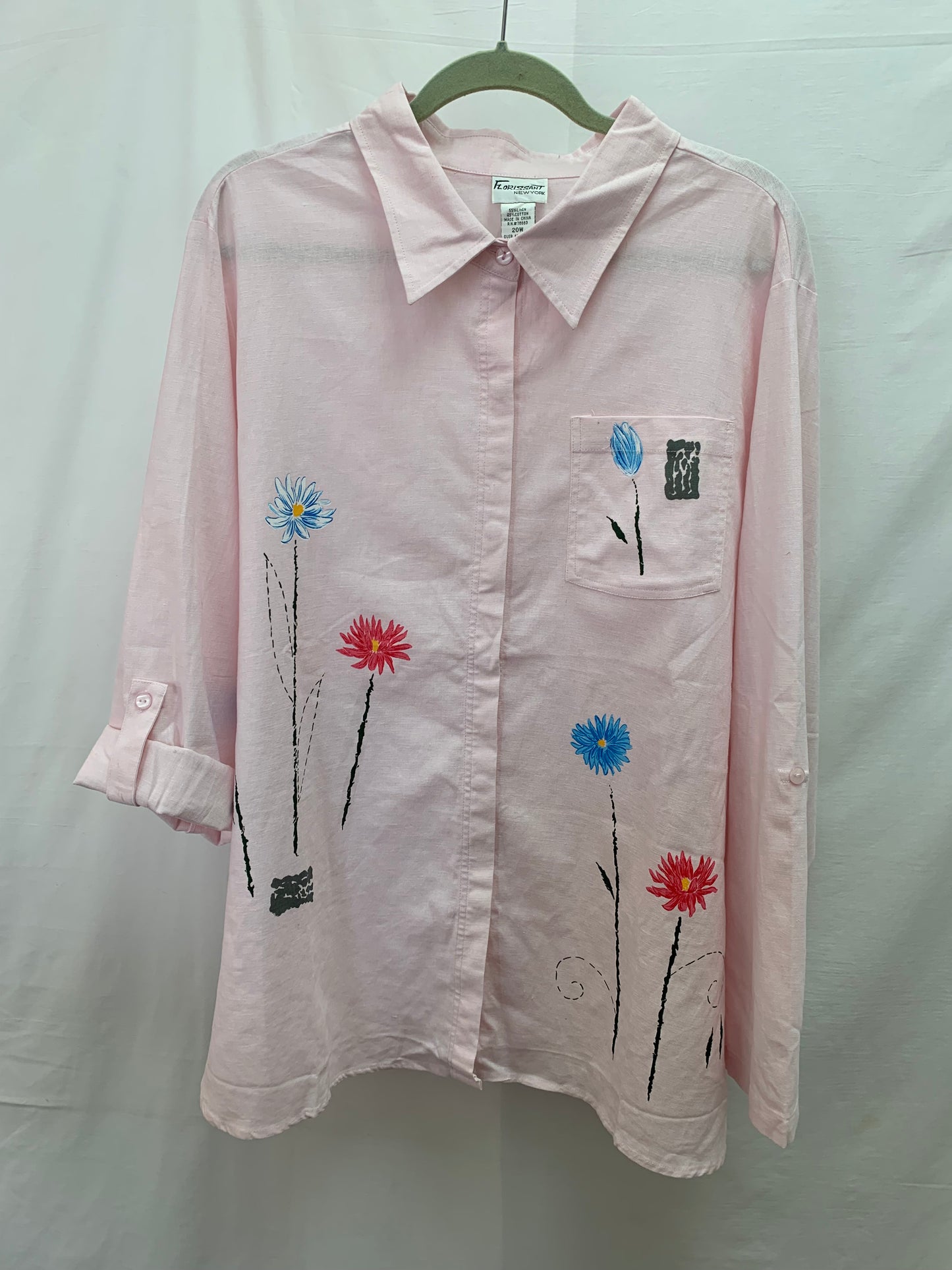 NWOT - FLORISSANT pink Flowers Linen Blend Long Sleeve Shirt - 20W