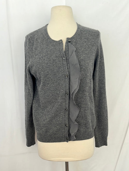 ANN TAYLOR Women's Grey Cashmere Cardigan w/ Rhinestone Buttons and Ruffle Trim -- Size S