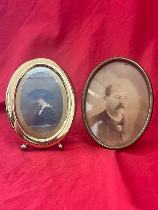 ANTIQUE -- Two Antique Portrait Photographs in Oval Brass Frames