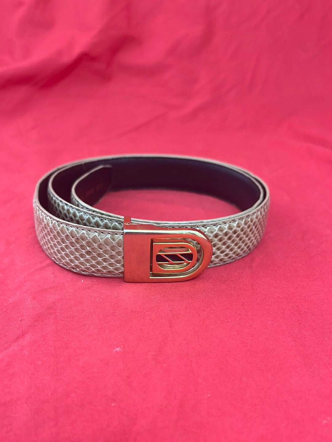 VTG -- Olive Snakeskin on Leather Thin Belt with Retro Buckle