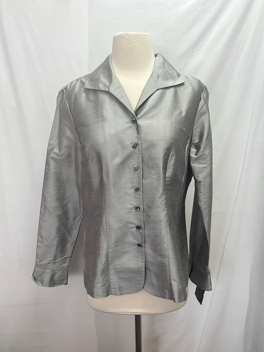 NWT -- LIZ CLAIBORNE silver Silk Button-Down Long Sleeve Shirt -- 8