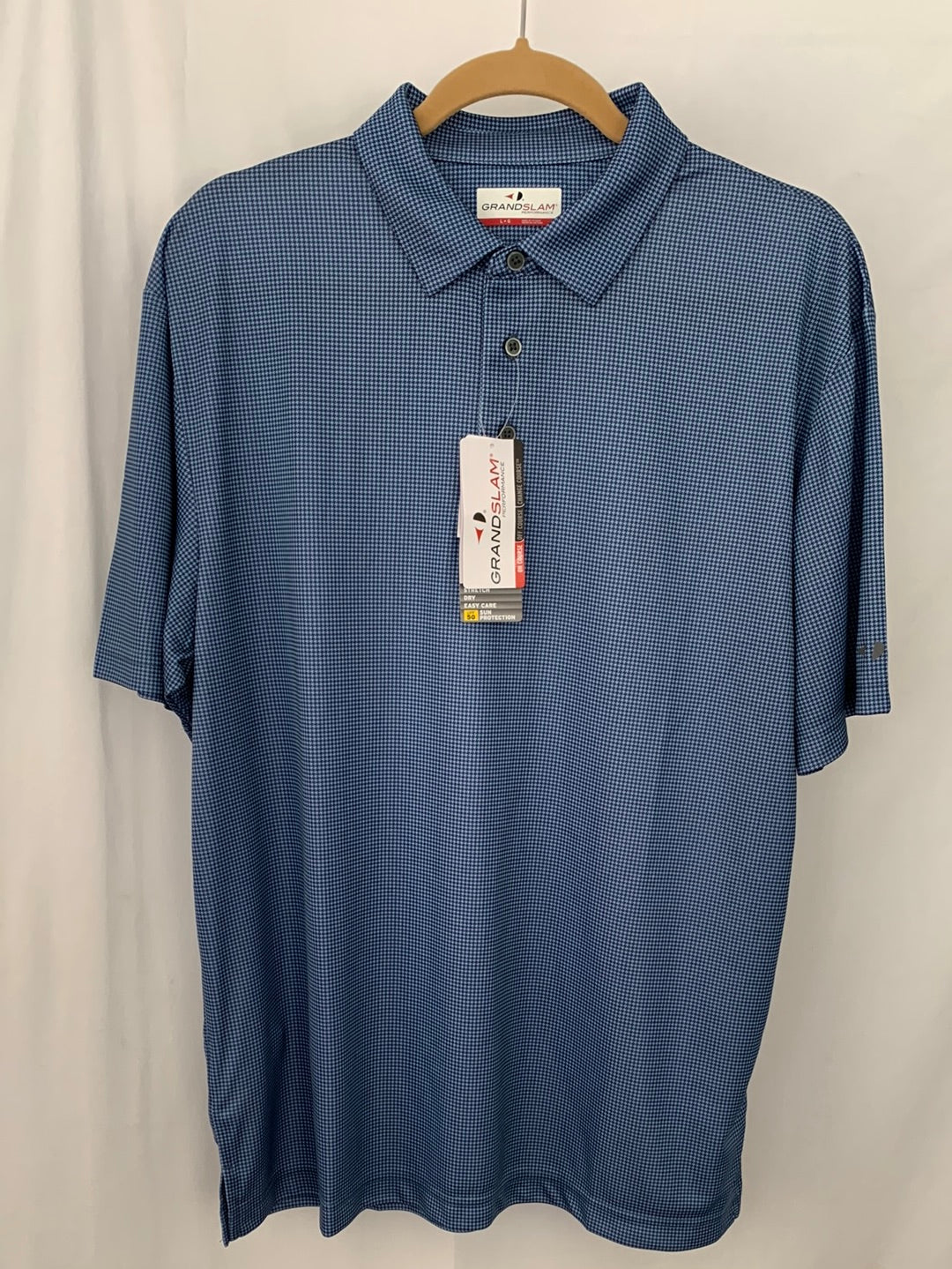 NWT - GRAND SLAM PERFORMANCE blue houndstooth UPF 50 Polo Shirt - L