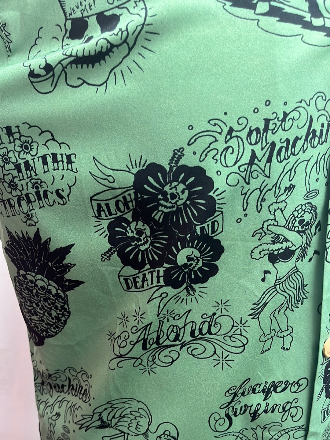RARE -- RFAUSTNIY green print Death-themed Hawaiian Shirt -- M