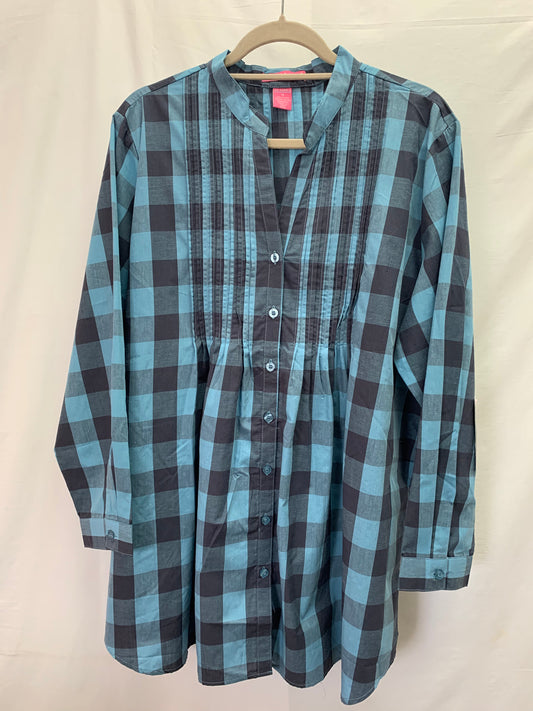 NWT - WOMAN WITHIN blue check Long Sleeve Pintuck Tunic Top - 1X