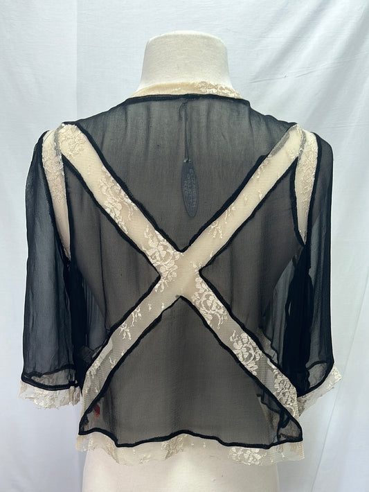 NWT -- ELIZABETH GILLETT Black Cream Silk Sheer Lace Cardigan -- S