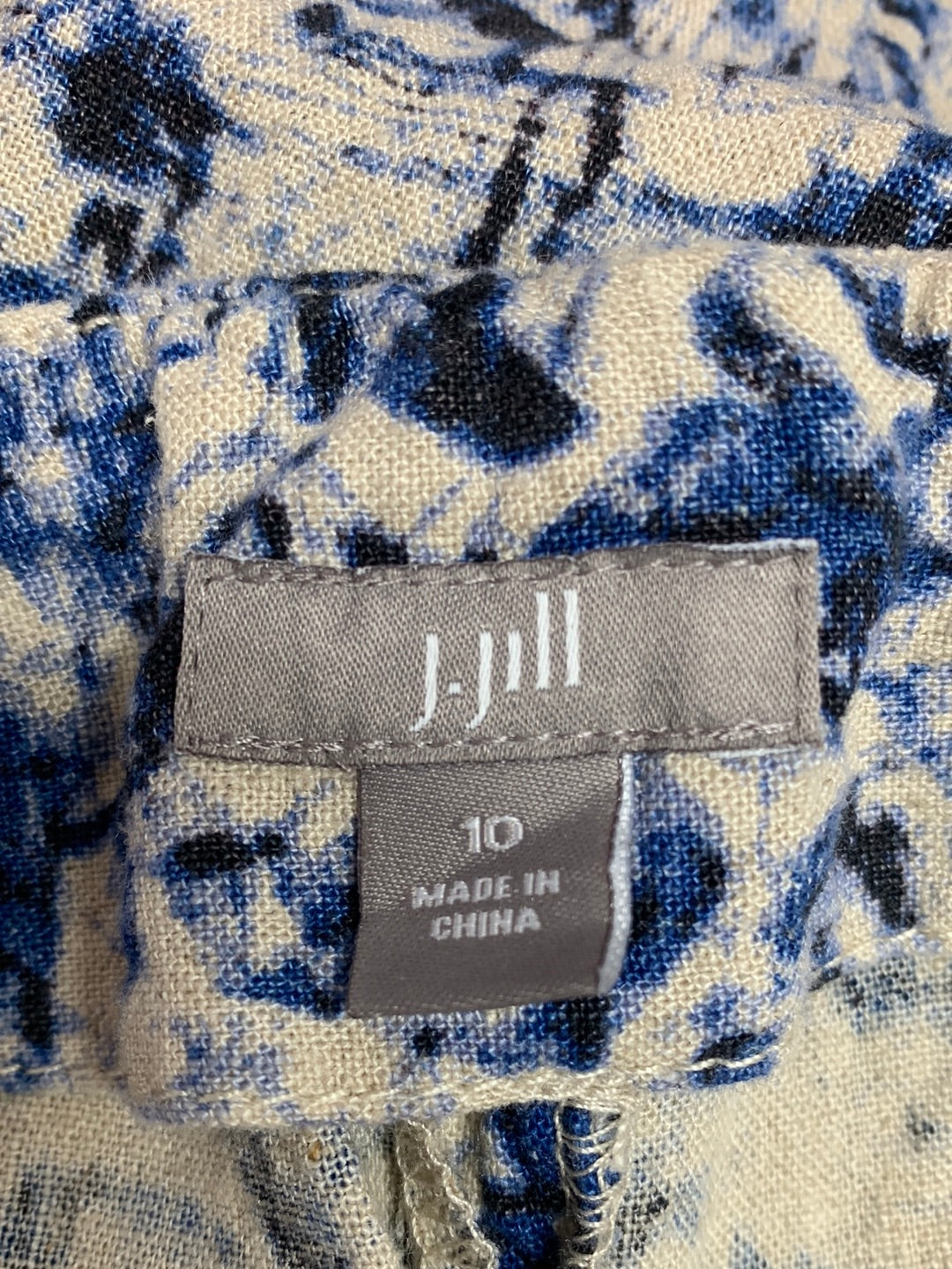 J. JILL blue print Linen & Rayon Blend Elastic Back Side Zip Pants - 10
