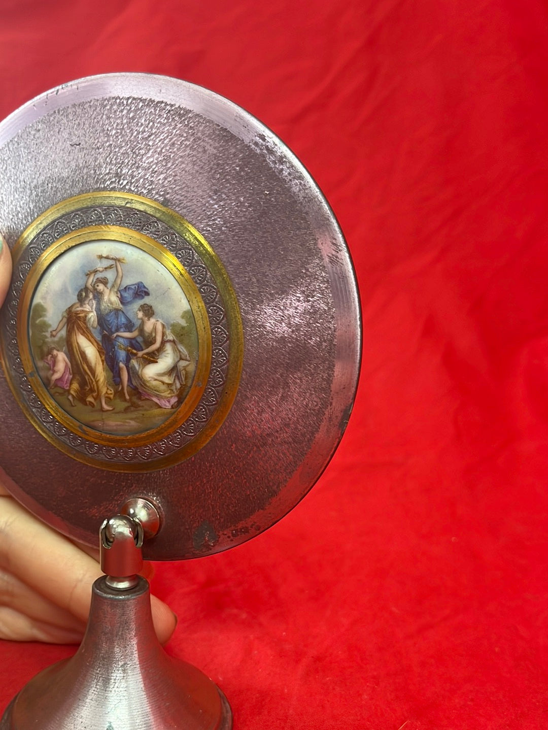 ANTIQUE -- Purple Vanity Mirror with Three Dancing Nymphs and Reclining Cupid