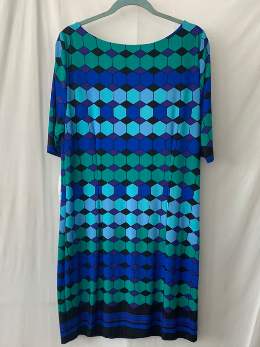 NWT - LAURA JEFFRIES blue green Geometric Print 1/2 Sleeve Dress - 16