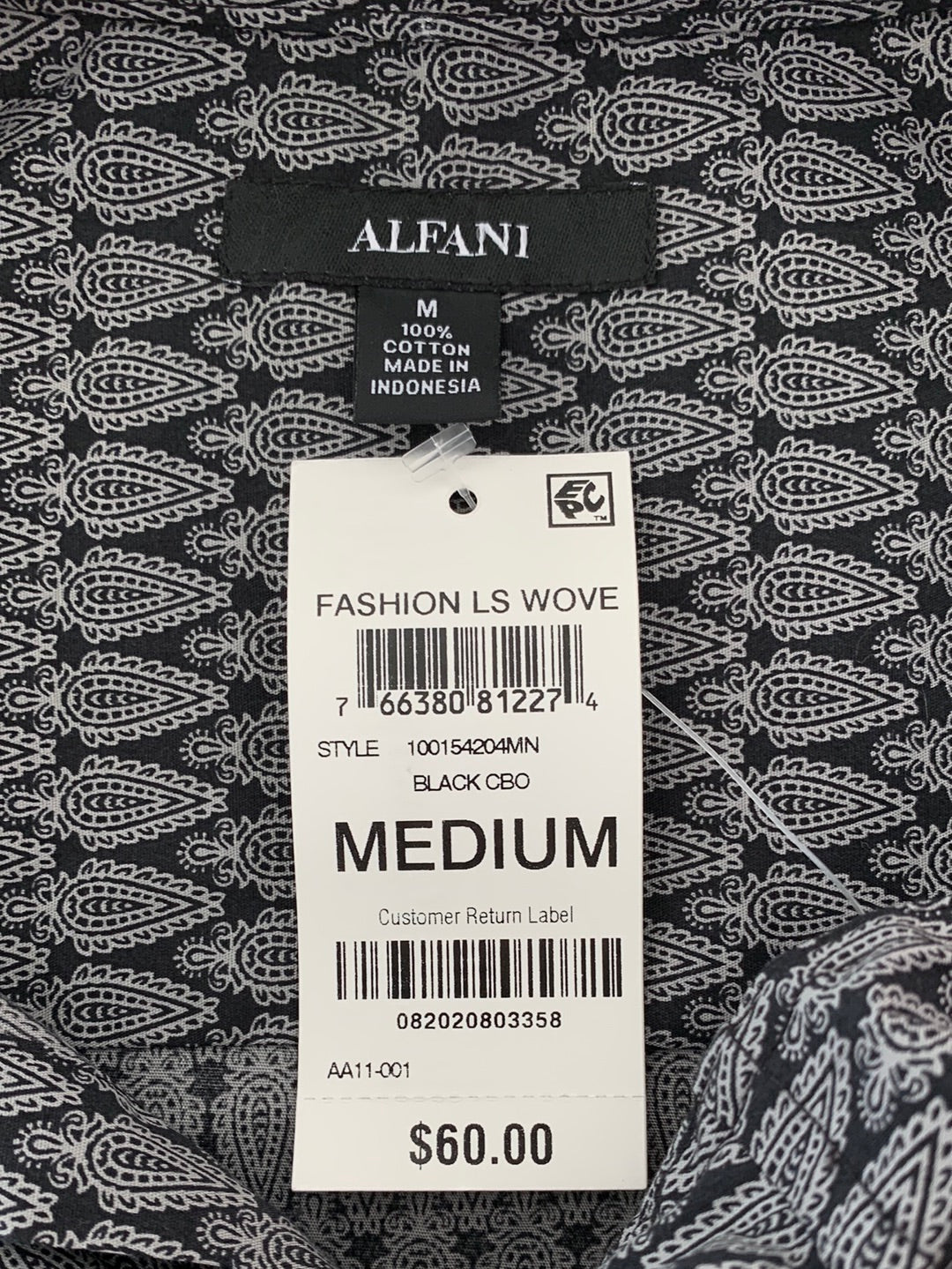 NWT - ALFANI black print Button Up Long Sleeve Shirt - M