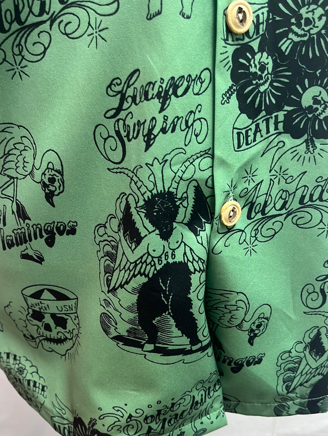 RARE -- RFAUSTNIY green print Death-themed Hawaiian Shirt -- M