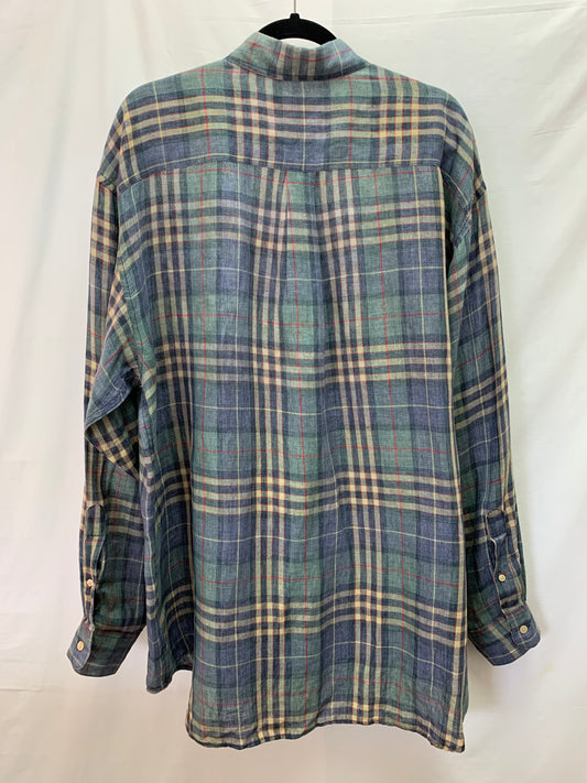 BANANA REPUBLIC blue plaid LINEN Button Down Long Sleeve Shirt - Large