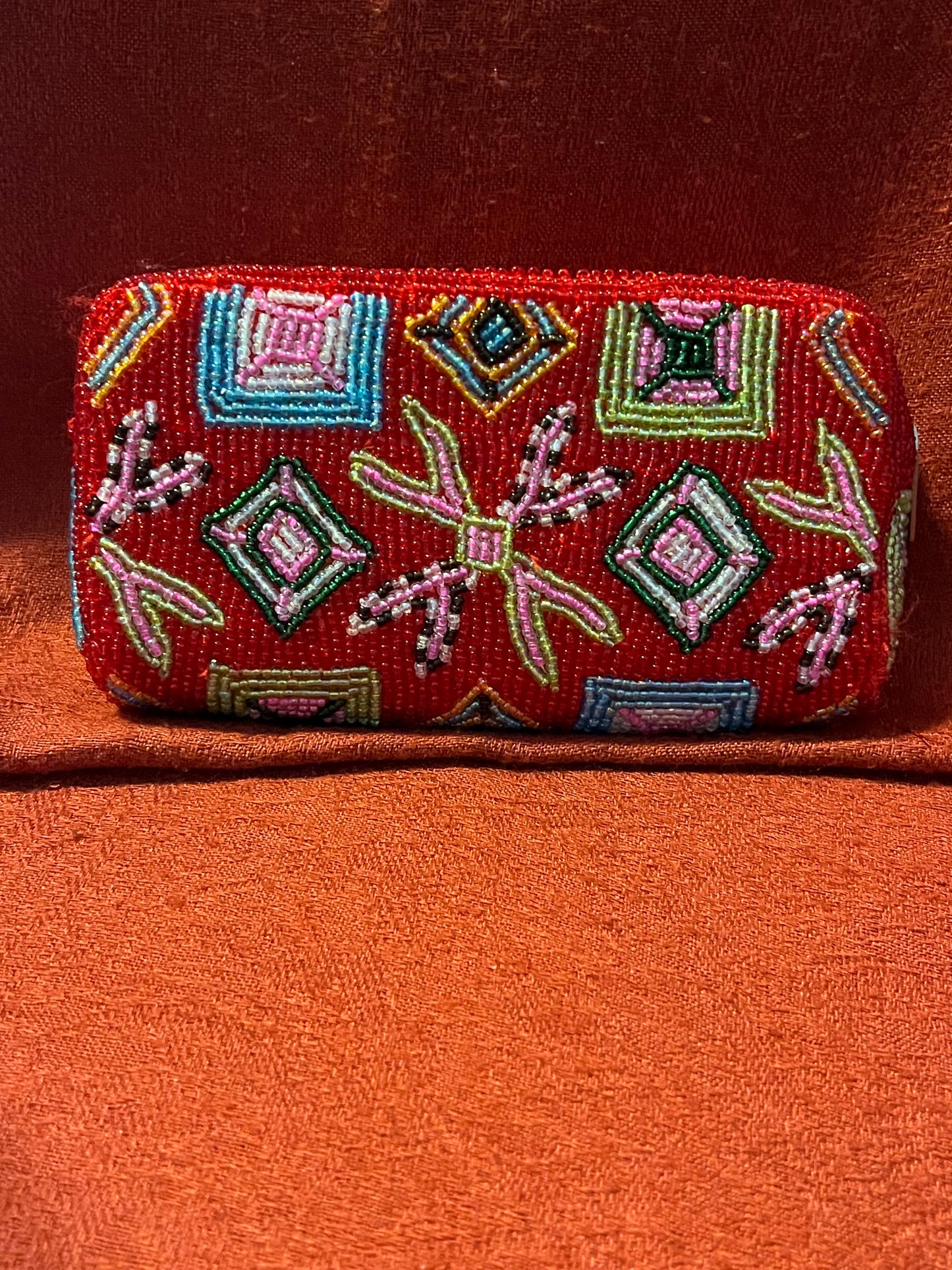 Red and Multi-colored Beaded Evening Clutch or Accessory Bag