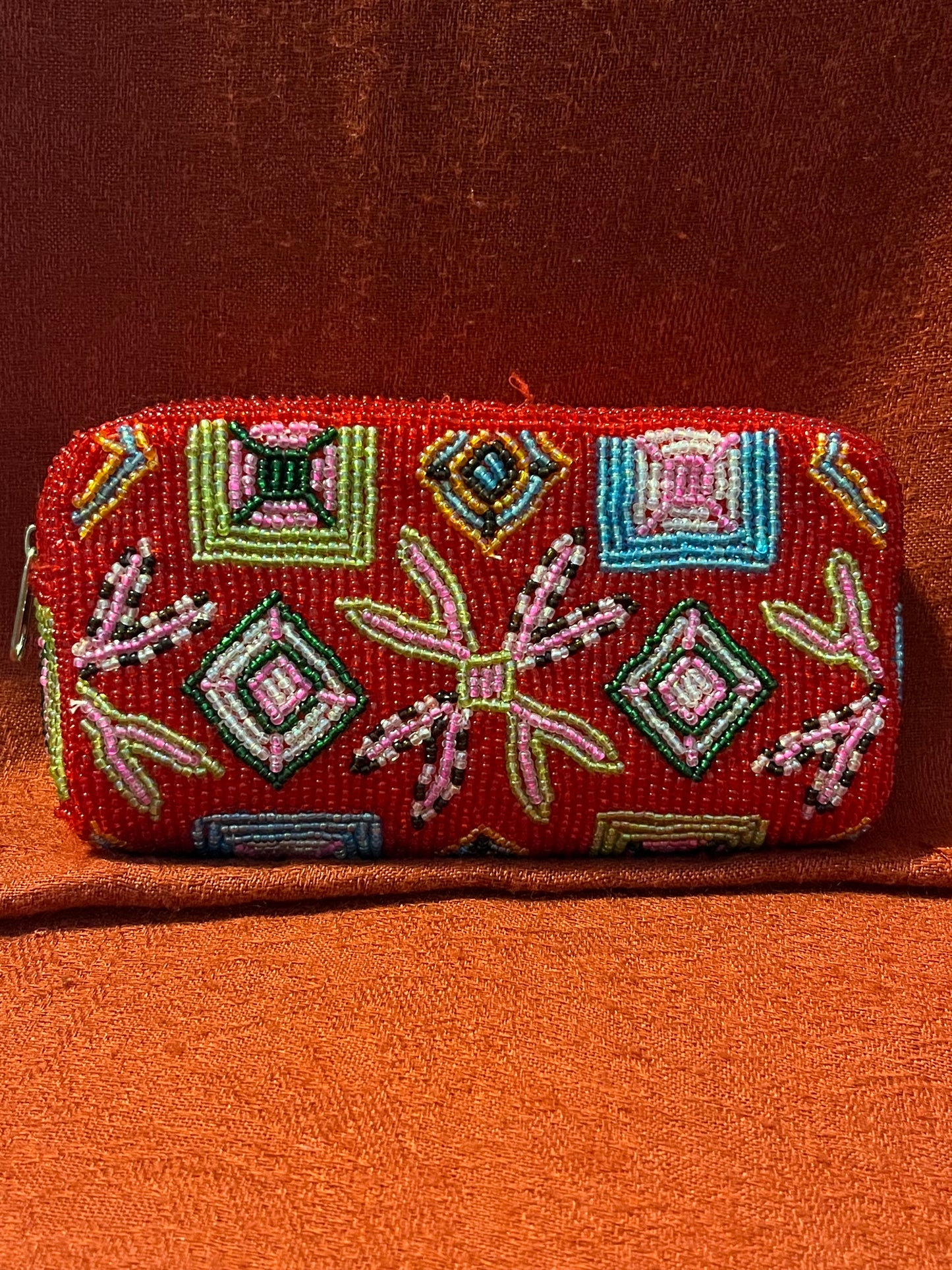 Red and Multi-colored Beaded Evening Clutch or Accessory Bag