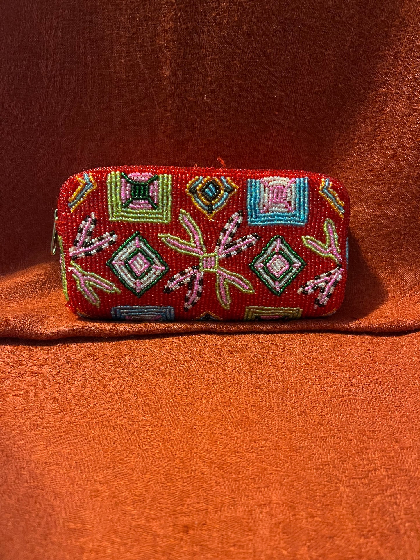 Red and Multi-colored Beaded Evening Clutch or Accessory Bag