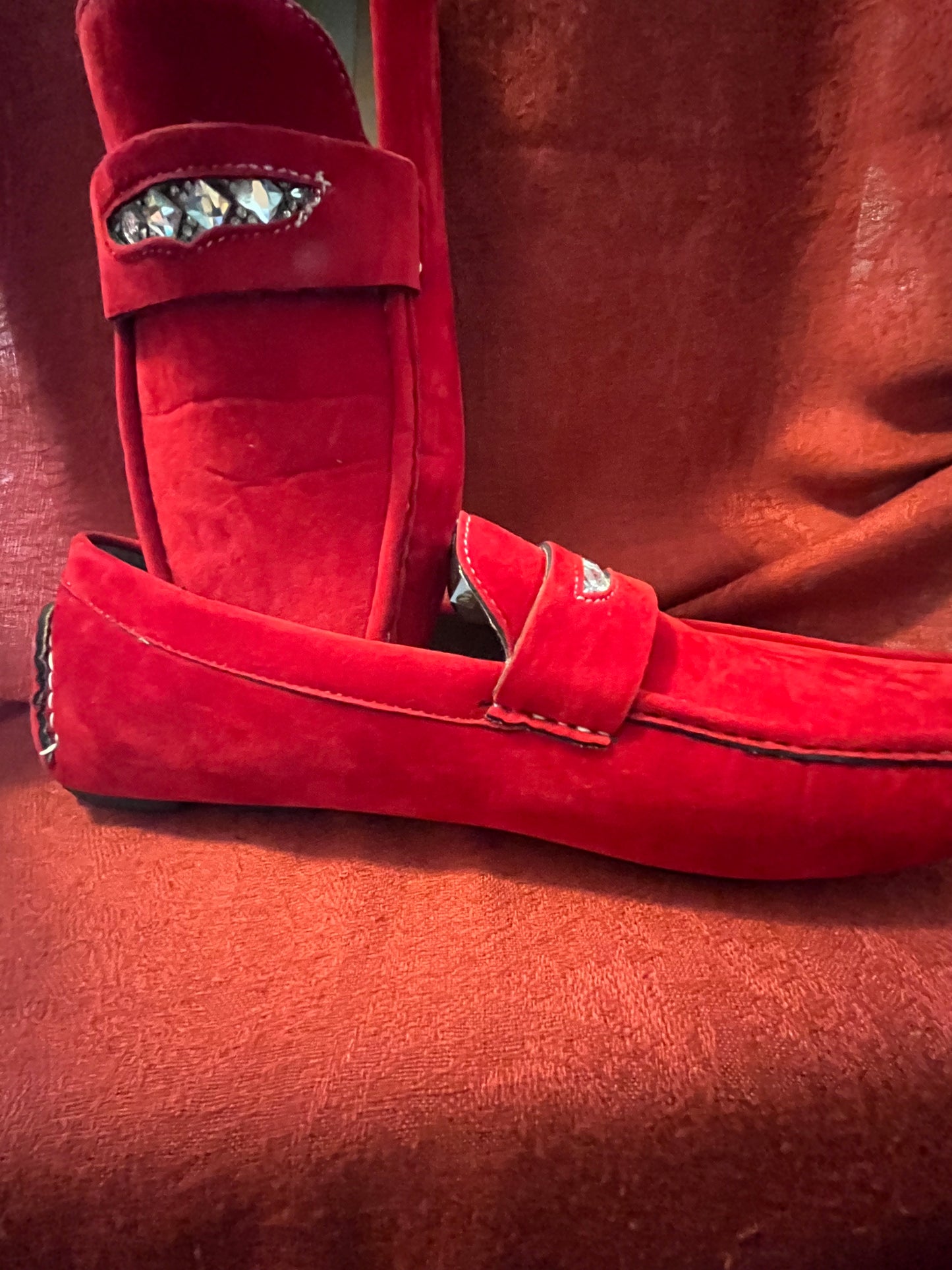 NWOB AC Casuals Red Faux Velvet Loafer with Rhinestone Accent-Size 12