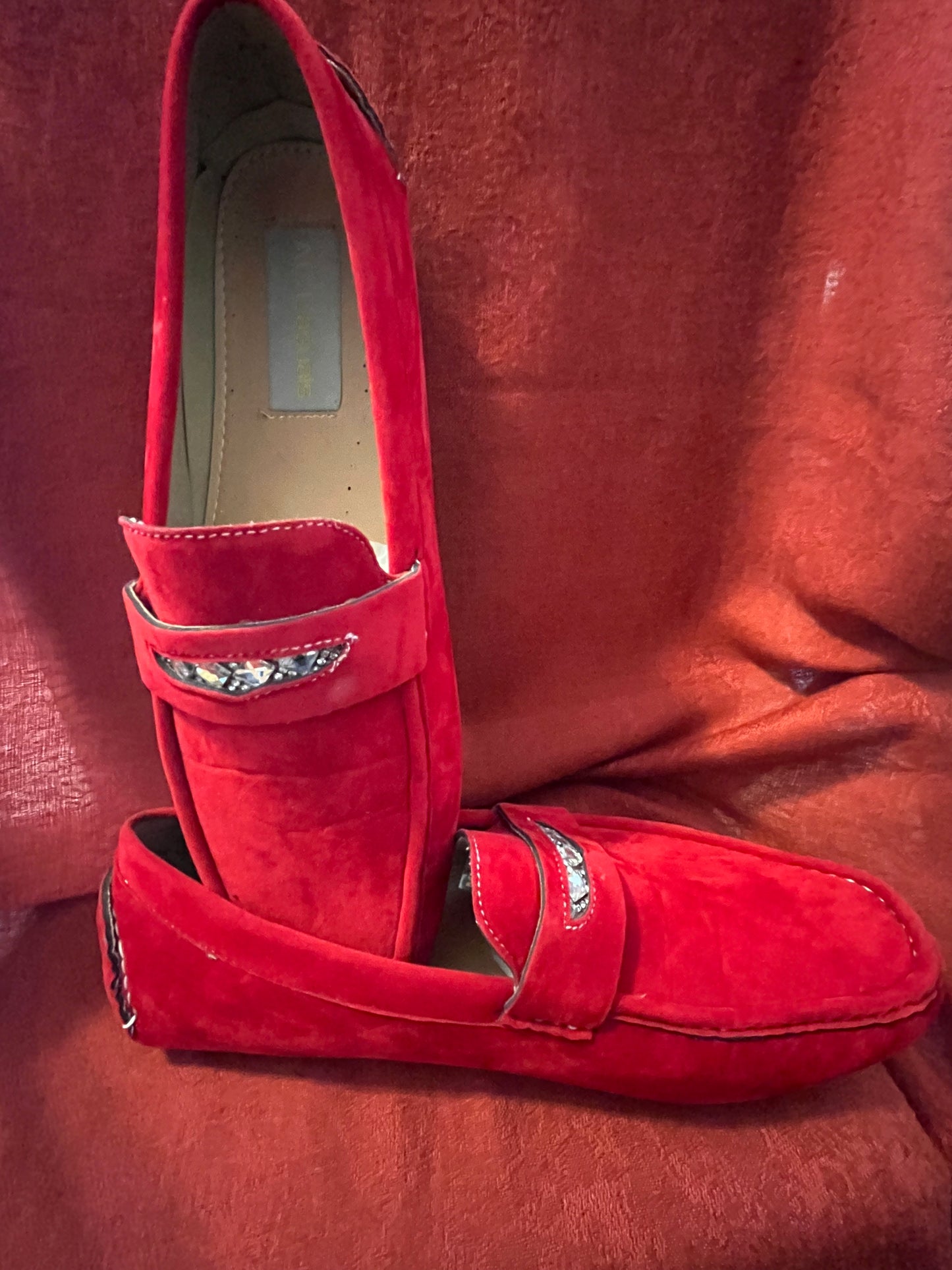 NWOB AC Casuals Red Faux Velvet Loafer with Rhinestone Accent-Size 12