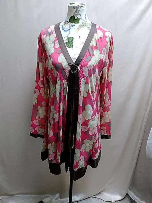 JOHNNY WAS pink brown Floral Long Sleeve Kimono Style Cover Up Top - Size: M