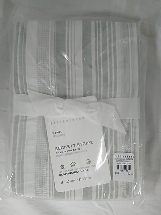 NWT - POTTERY BARN Eucalyptus Green Beckett Stripe Pillow Sham - King Size