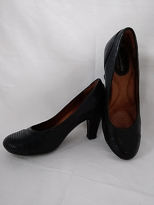 CLARKS Leather Pumps Heels Wide Society Clique Black - Size: 5