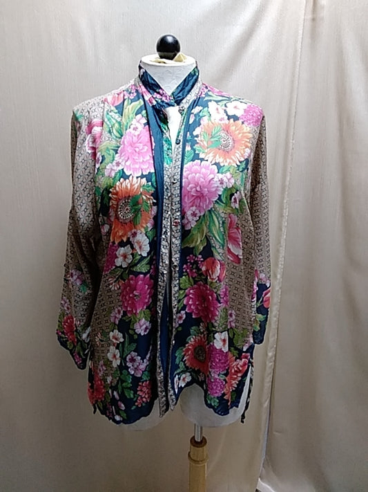 JOHNNY WAS Floral Silk Jenna Long Sleeve Oversized Button Down Blouse - M