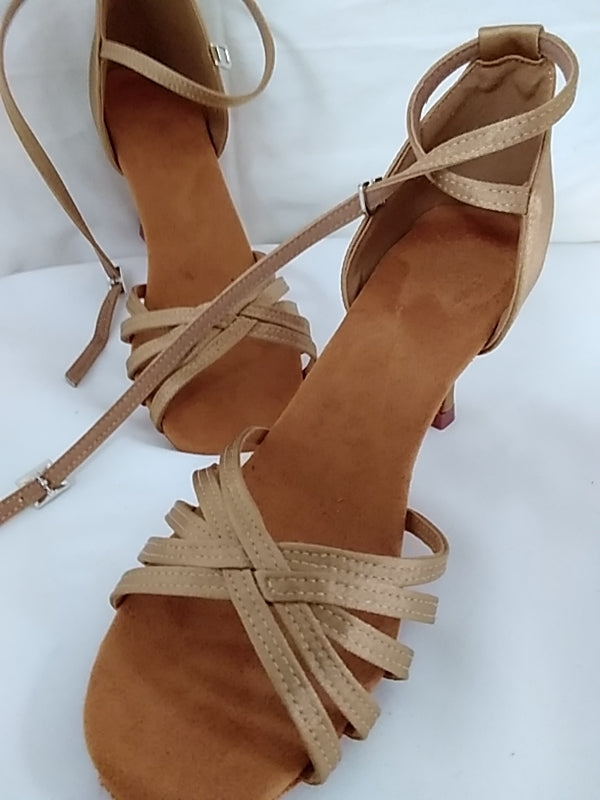 Gold Satin Ballroom Latin Dance "Tango & Salsa" Shoes - 5/7cm Heels w/ Suede Sole - Size 39/ 8.5