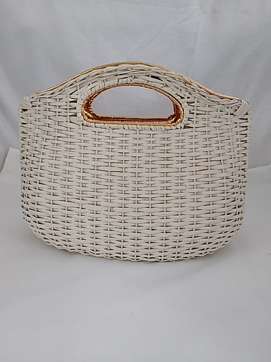 Rare HTF Vintage KORET White Wicker and Gold Snap Clutch Top Handle Purse (flaws)
